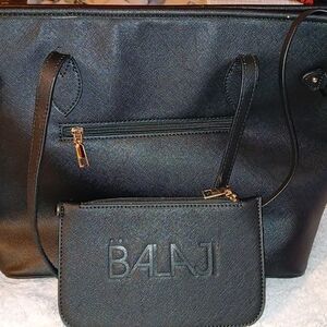 Black Tote Bag with Structured Design and Matching Pouch